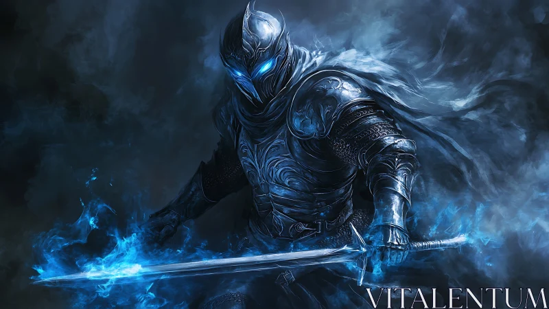 Midnight knight strides forward with a blazing blue blade