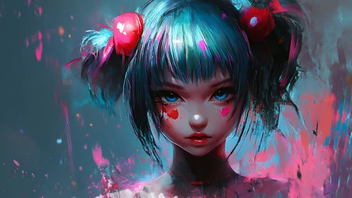 Electric-haired girl emerges from neon brushstrokes in silence.