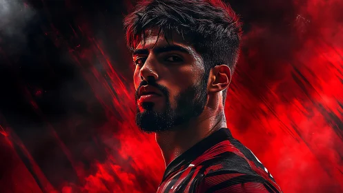 Fierce football portrait glows against bold red energy storm