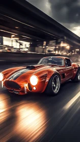 Red vintage sports car on city highway at night. Period.