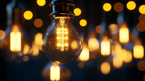 Edison bulb close-up with warm bokeh illumination background.