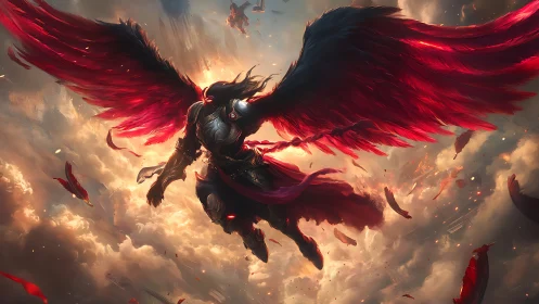 Armored winged figure with red feathers in cloudy sky.