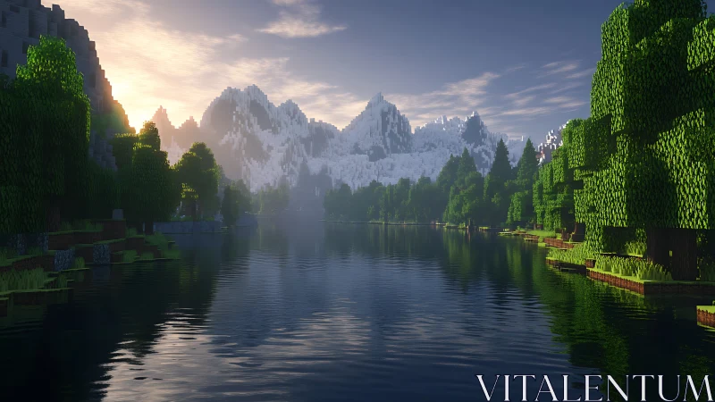 Pixel lake sunrise cradled by quiet blocky mountains.