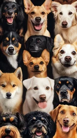 High-resolution canine portrait grid with diverse breed visages.