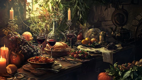 Rustic candlelit feast tableau with wine, bread, and harvest produce.