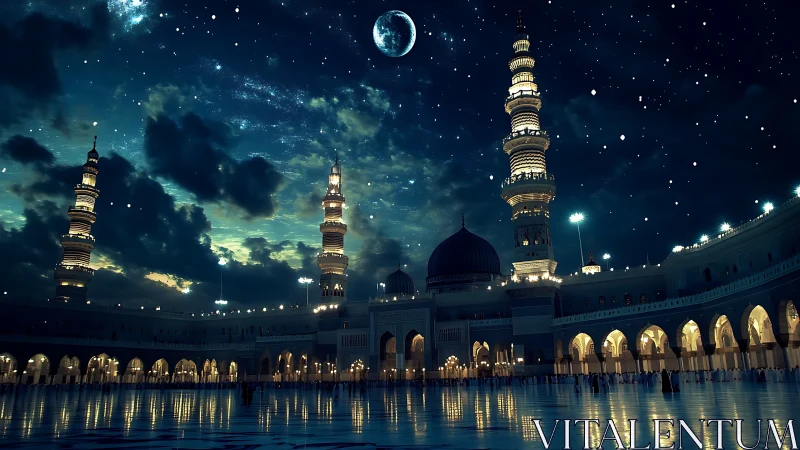 Night view of illuminated mosque courtyard under stars.