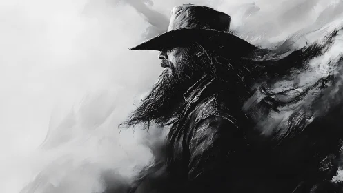 Monochrome cowboy silhouette in turbulent digital brushstorm.