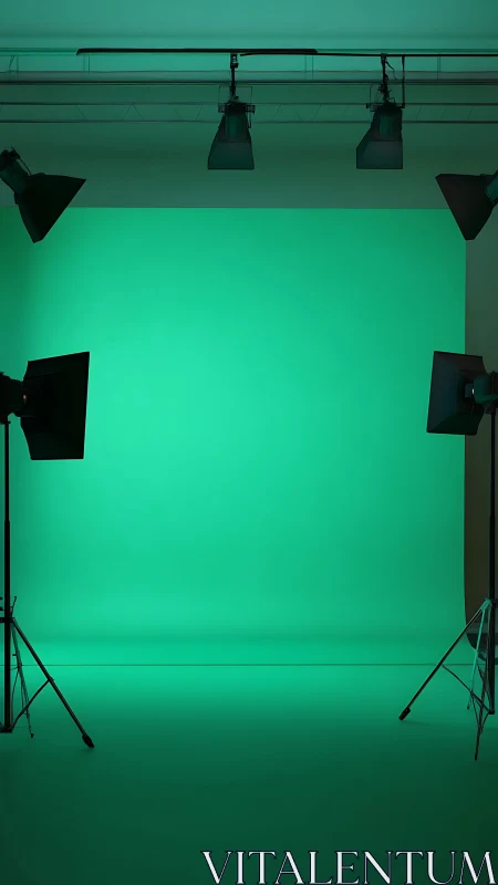 Studio chroma key backdrop with softbox lighting setup.