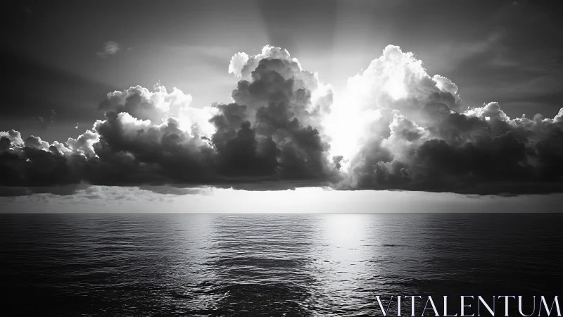 Monochrome seascape with backlit cumulonimbus horizon band.