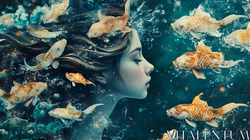 Dreaming girl drifts with golden koi in swirling midnight water.