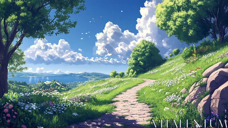 Curved stone path traverses sunlit hillside toward distant lake