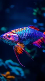 Neon arowana swims through deep blue aquarium glow