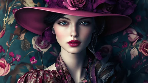 Digital portrait of woman in magenta hat with floral backdrop