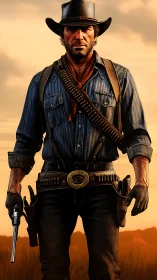 Rugged cowboy gunslinger stands against glowing sunset sky.