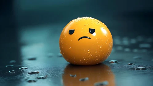 Sad wet orange emoticon sphere rests on reflective surface