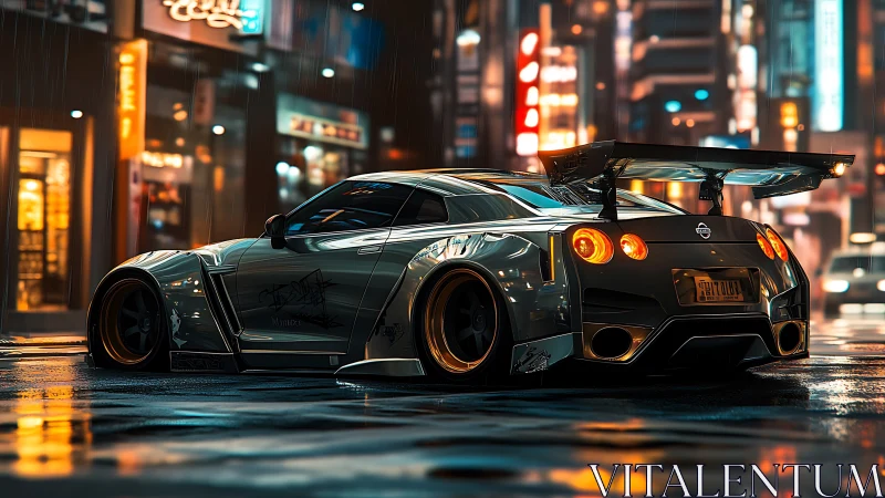 Neon-soaked street racer prowls a rainlit cyber cityscape.