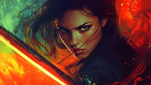 Storm-lit warrior gaze in a blaze of fiery color.