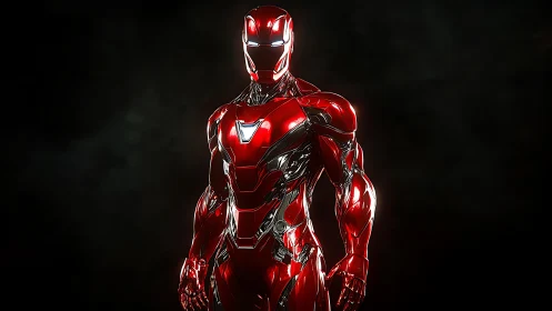 Chrome-red armored hero glowing in a smoky nightscape.