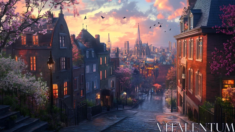 Sunset stroll through a blossom-lined old city street.