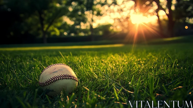 Low-angle baseball macro scene captures backlit sunset flare