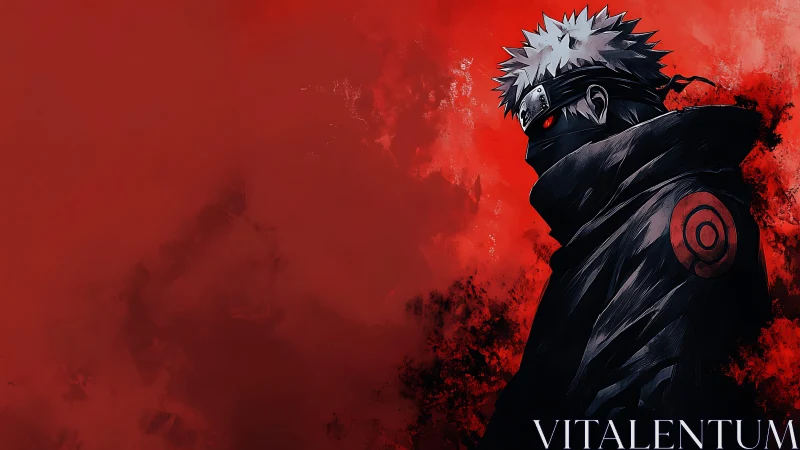 Masked anime figure in black cloak against red backdrop.