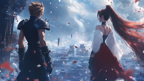 Warrior duo overlook floating city under stormlit sky.