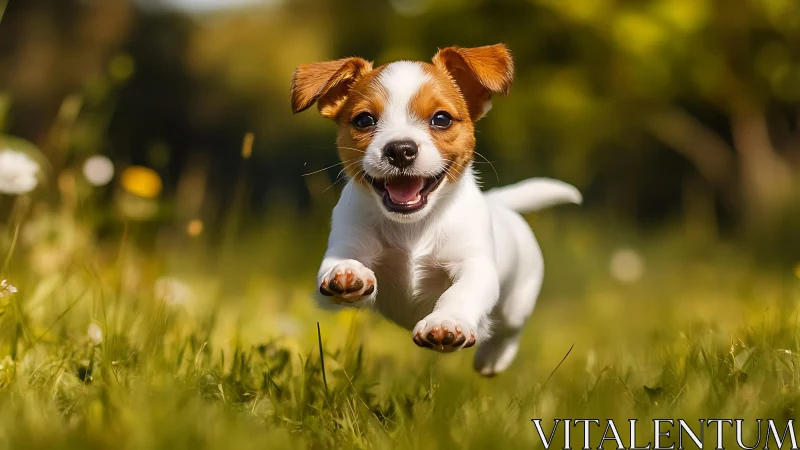 Small brown and white puppy running across grassy field.