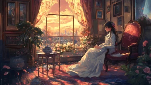 Sunlit balcony parlor frames reflective woman at dusk.