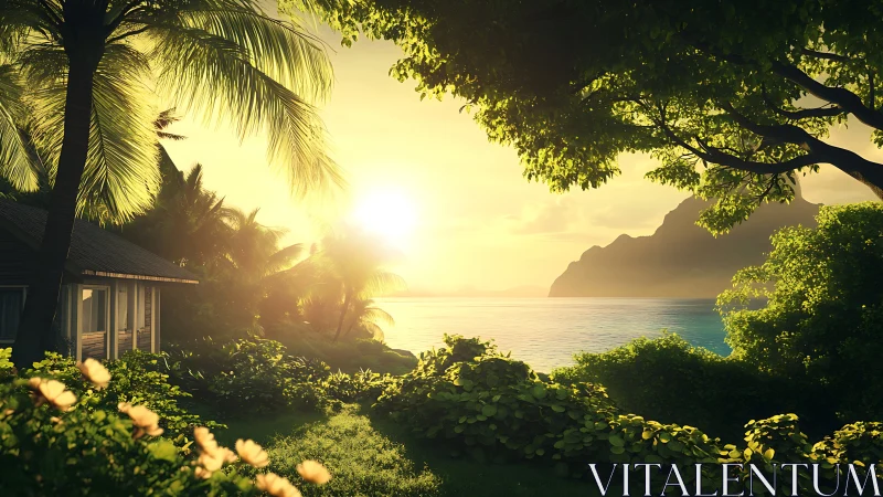 Tropical coastal garden with bungalow at low sun over water.