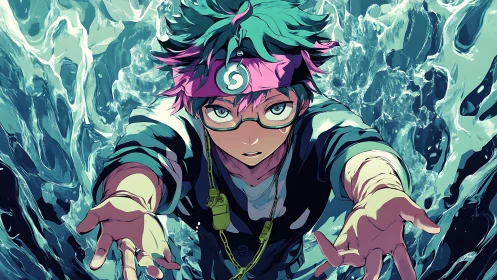 Young character extends both hands amid stylized water motion