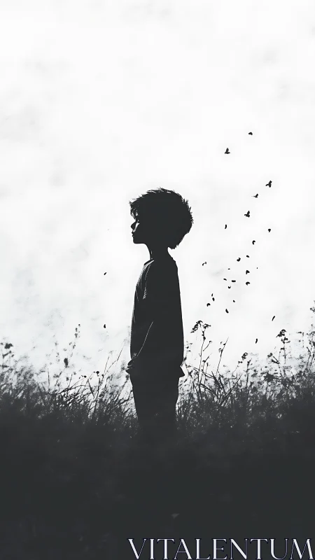 Silhouetted child stands in field as birds rise skyward.