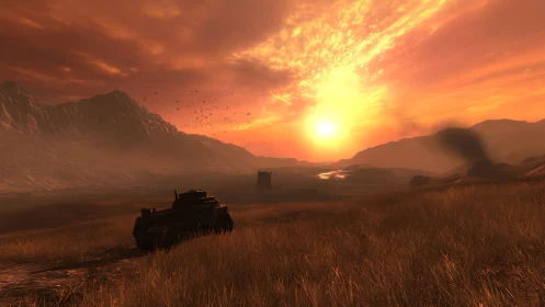War-torn valley smolders beneath a burning copper sunset.