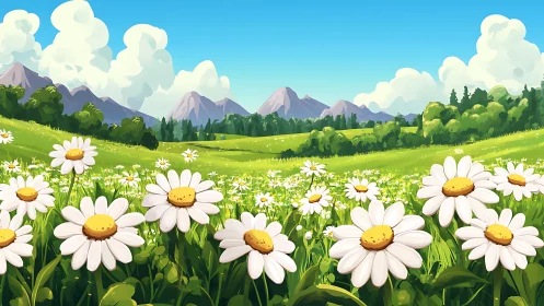 Sunlit daisy meadow stretches toward distant mountain range