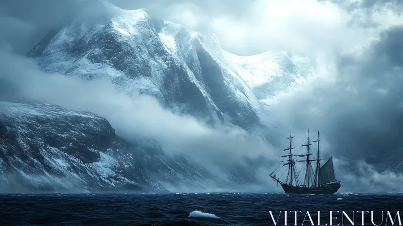 Three-masted sailing ship in icy fjord beneath glacial cliffs