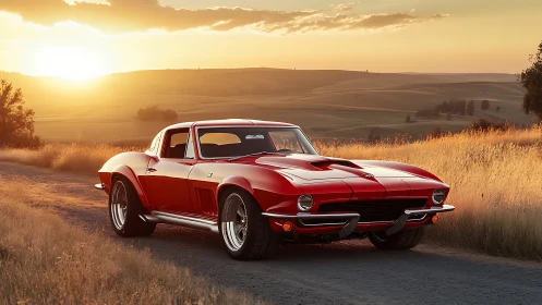 Red classic sports coupe on rural dirt road at sunset.
