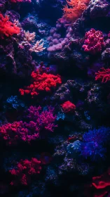 Neon corals cluster on dark reef under deep blue lighting.