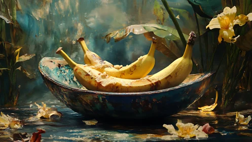 Painterly still life bananas in weathered turquoise bowl.