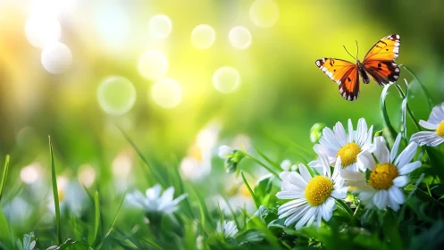Orange butterfly hovers over daisies in glowing spring light