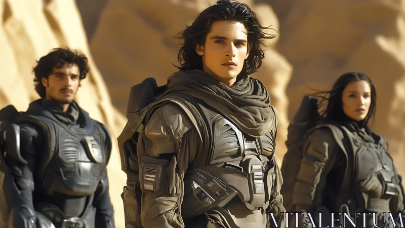 Desert-clad space voyagers stride through sunlit dunes.