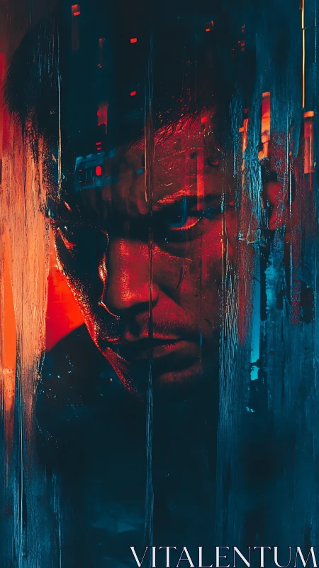 Cyber-noir portrait isolates a brooding face in neon haze