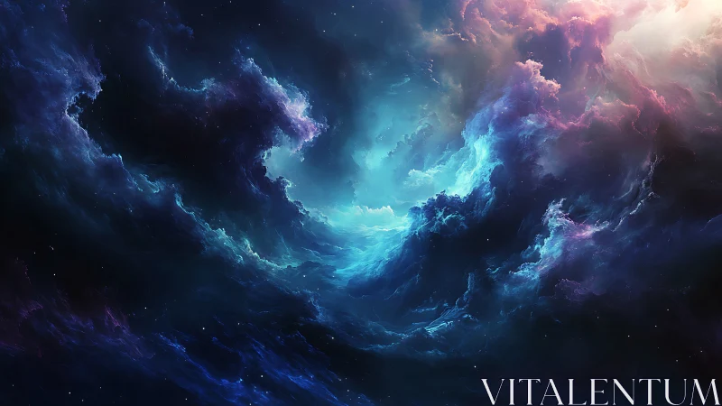 Cosmic nebula cloudscape with blue and violet gas forms.