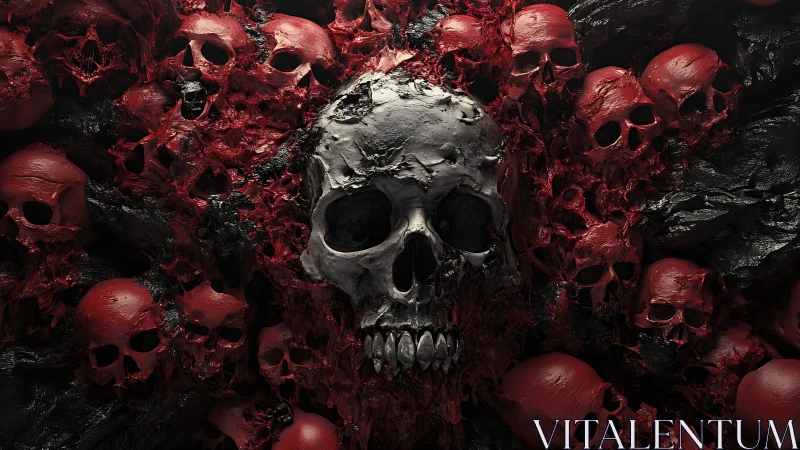 Central cracked skull emerges from molten red remains.