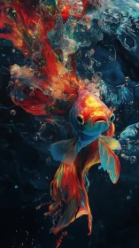 Vibrant koi fish erupts through dark water in glowing color