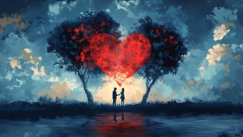 Two figures stand beneath a red heart-shaped canopy with trees.