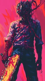 Neon drenched slasher standing under a fever dream sky.