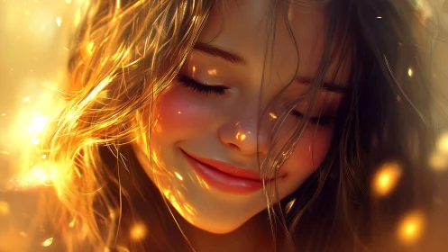 Soft golden smile in gentle, glowing evening light.