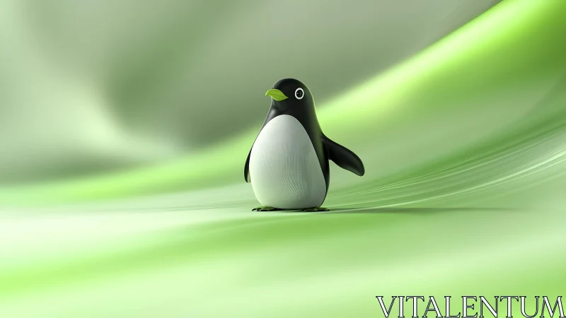Cute Cartoon Penguin on Smooth Green Abstract Background.