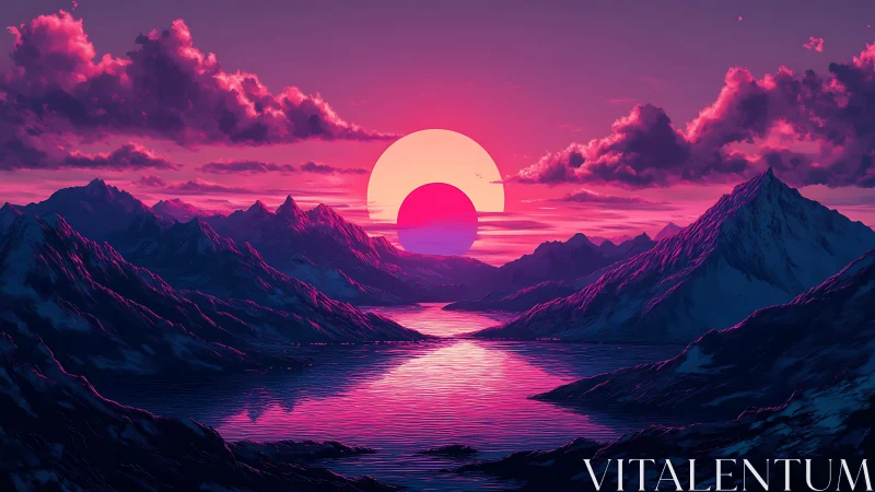 Sun disk sinks behind neon-lit mountains over reflective lake
