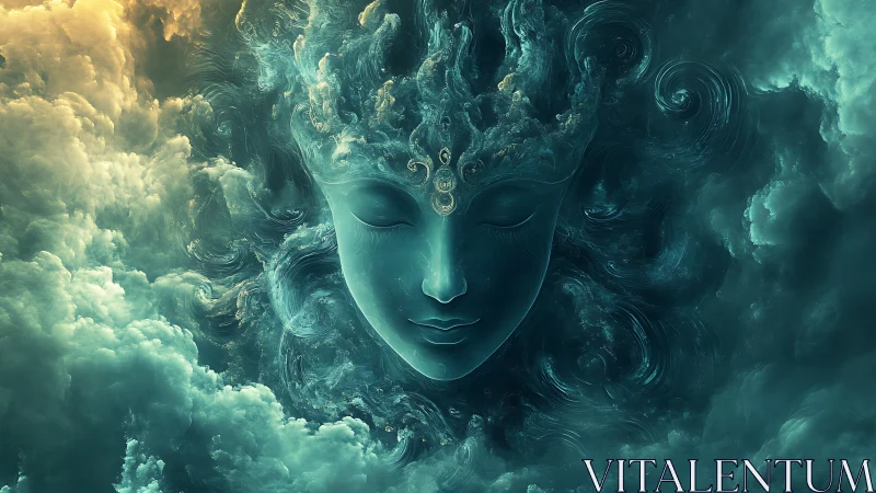 Serene feminine face materializes from swirling teal clouds
