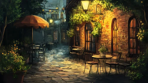 Outdoor courtyard café with lamplit brick façade at night.